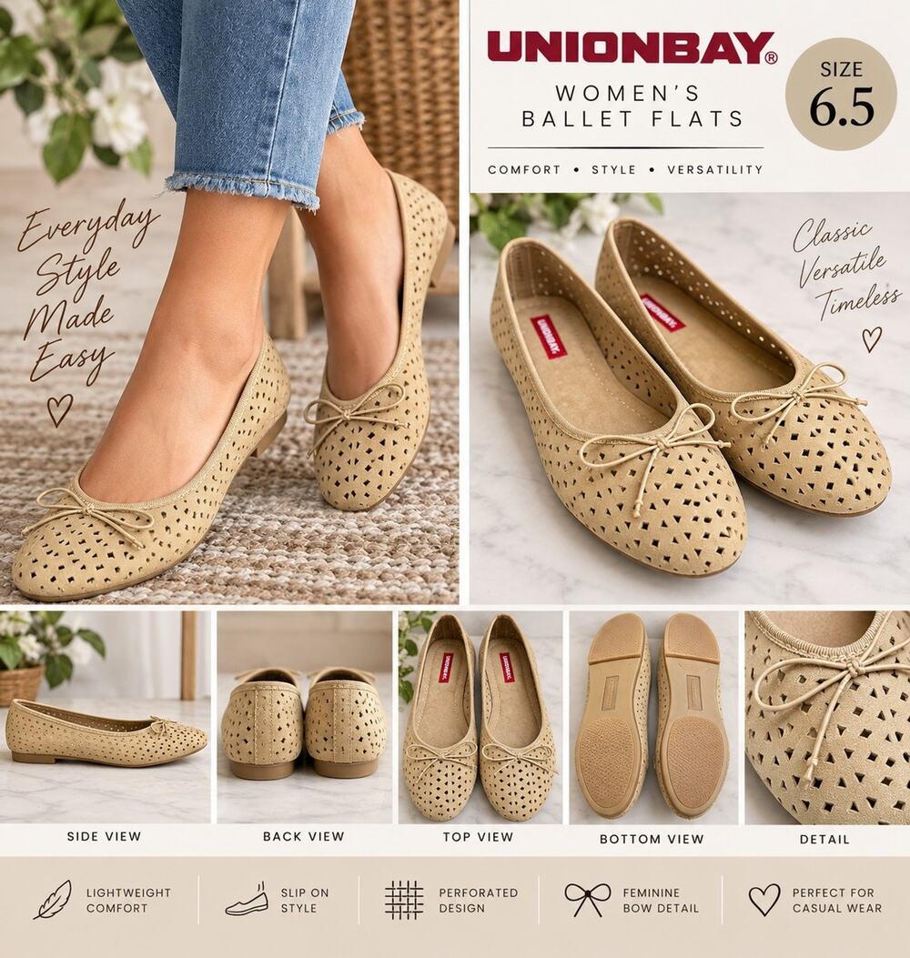 Unionbay Women’s Ballet Flats Tan Perforated Cutout Bow Slip On Shoes NWOB 6.5